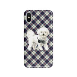 Bichon Frise Tartan phone case. 11 Tartan styles for your Iphone 15 Pro Max, Iphone 14, 13, 12 to 6 & Samsung Galaxy S23 Ultra, S22, S21 to S6 18 adventure dogs tartan case bichon frise blue beige front view