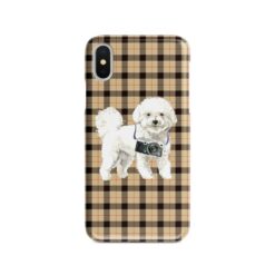 Bichon Frise Tartan phone case. 11 Tartan styles for your Iphone 15 Pro Max, Iphone 14, 13, 12 to 6 & Samsung Galaxy S23 Ultra, S22, S21 to S6 19 adventure dogs tartan case bichon frise brown tartan front view