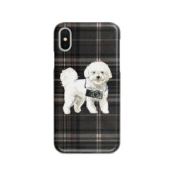 Bichon Frise Tartan phone case. 11 Tartan styles for your Iphone 15 Pro Max, Iphone 14, 13, 12 to 6 & Samsung Galaxy S23 Ultra, S22, S21 to S6 20 adventure dogs tartan case bichon frise dark tartan front view