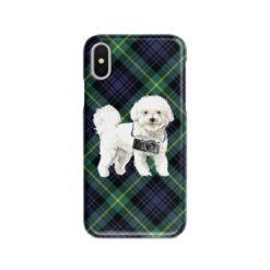 Bichon Frise Tartan phone case. 11 Tartan styles for your Iphone 15 Pro Max, Iphone 14, 13, 12 to 6 & Samsung Galaxy S23 Ultra, S22, S21 to S6 21 adventure dogs tartan case bichon frise gordon front view