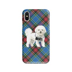 Bichon Frise Tartan phone case. 11 Tartan styles for your Iphone 15 Pro Max, Iphone 14, 13, 12 to 6 & Samsung Galaxy S23 Ultra, S22, S21 to S6 23 adventure dogs tartan case bichon frise macbeth front view