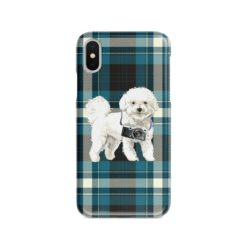 Bichon Frise Tartan phone case. 11 Tartan styles for your Iphone 15 Pro Max, Iphone 14, 13, 12 to 6 & Samsung Galaxy S23 Ultra, S22, S21 to S6 24 adventure dogs tartan case bichon frise modern front view