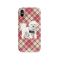 Bichon Frise Tartan phone case. 11 Tartan styles for your Iphone 15 Pro Max, Iphone 14, 13, 12 to 6 & Samsung Galaxy S23 Ultra, S22, S21 to S6 25 adventure dogs tartan case bichon frise pink front view