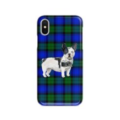 Black&white French bulldog Tartan phone case. 11 Tartan styles for your Iphone 15 Pro Max, Iphone 14, 13, 12 to 6 & Samsung Galaxy S23 Ultra, S22, S21 to S6 17 adventure dogs tartan case blackwhite french bulldog black watch front view