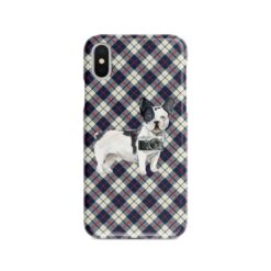 Black&white French bulldog Tartan phone case. 11 Tartan styles for your Iphone 15 Pro Max, Iphone 14, 13, 12 to 6 & Samsung Galaxy S23 Ultra, S22, S21 to S6 18 adventure dogs tartan case blackwhite french bulldog blue beige front view