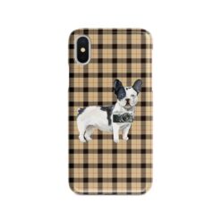 Black&white French bulldog Tartan phone case. 11 Tartan styles for your Iphone 15 Pro Max, Iphone 14, 13, 12 to 6 & Samsung Galaxy S23 Ultra, S22, S21 to S6 19 adventure dogs tartan case blackwhite french bulldog brown tartan front view
