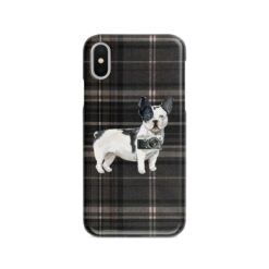 Black&white French bulldog Tartan phone case. 11 Tartan styles for your Iphone 15 Pro Max, Iphone 14, 13, 12 to 6 & Samsung Galaxy S23 Ultra, S22, S21 to S6 20 adventure dogs tartan case blackwhite french bulldog dark tartan front view