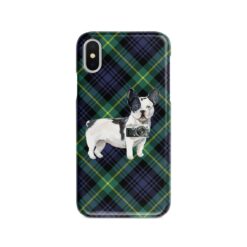 Black&white French bulldog Tartan phone case. 11 Tartan styles for your Iphone 15 Pro Max, Iphone 14, 13, 12 to 6 & Samsung Galaxy S23 Ultra, S22, S21 to S6 21 adventure dogs tartan case blackwhite french bulldog gordon front view