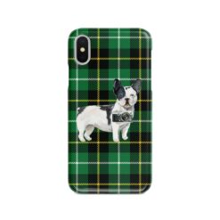 Black&white French bulldog Tartan phone case. 11 Tartan styles for your Iphone 15 Pro Max, Iphone 14, 13, 12 to 6 & Samsung Galaxy S23 Ultra, S22, S21 to S6 22 adventure dogs tartan case blackwhite french bulldog green tartan front view