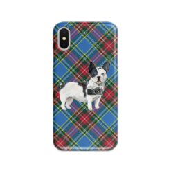 Black&white French bulldog Tartan phone case. 11 Tartan styles for your Iphone 15 Pro Max, Iphone 14, 13, 12 to 6 & Samsung Galaxy S23 Ultra, S22, S21 to S6 23 adventure dogs tartan case blackwhite french bulldog macbeth front view