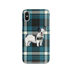 Black&white French bulldog Tartan phone case. 11 Tartan styles for your Iphone 15 Pro Max, Iphone 14, 13, 12 to 6 & Samsung Galaxy S23 Ultra, S22, S21 to S6 24 adventure dogs tartan case blackwhite french bulldog modern front view