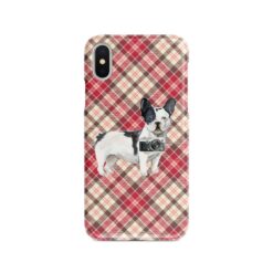 Black&white French bulldog Tartan phone case. 11 Tartan styles for your Iphone 15 Pro Max, Iphone 14, 13, 12 to 6 & Samsung Galaxy S23 Ultra, S22, S21 to S6 25 adventure dogs tartan case blackwhite french bulldog pink front view