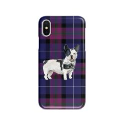 Black&white French bulldog Tartan phone case. 11 Tartan styles for your Iphone 15 Pro Max, Iphone 14, 13, 12 to 6 & Samsung Galaxy S23 Ultra, S22, S21 to S6 26 adventure dogs tartan case blackwhite french bulldog pride of scotland front view