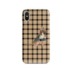 BloodHound Tartan phone case. 11 Tartan styles for your Iphone 15 Pro Max, Iphone 14, 13, 12 to 6 & Samsung Galaxy S23 Ultra, S22, S21 to S6 19 adventure dogs tartan case bloodhound brown tartan front view