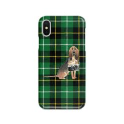 BloodHound Tartan phone case. 11 Tartan styles for your Iphone 15 Pro Max, Iphone 14, 13, 12 to 6 & Samsung Galaxy S23 Ultra, S22, S21 to S6 22 adventure dogs tartan case bloodhound green tartan front view
