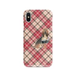 BloodHound Tartan phone case. 11 Tartan styles for your Iphone 15 Pro Max, Iphone 14, 13, 12 to 6 & Samsung Galaxy S23 Ultra, S22, S21 to S6 25 adventure dogs tartan case bloodhound pink front view