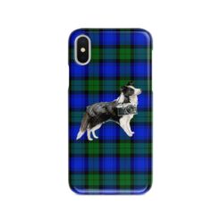 Border Collie Tartan phone case. 11 Tartan styles for your Iphone 15 Pro Max, Iphone 14, 13, 12 to 6 & Samsung Galaxy S23 Ultra, S22, S21 to S6 17 adventure dogs tartan case border collie black watch front view