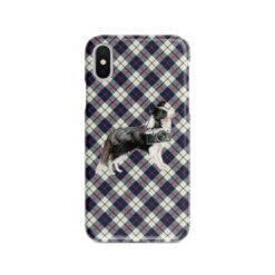 Border Collie Tartan phone case. 11 Tartan styles for your Iphone 15 Pro Max, Iphone 14, 13, 12 to 6 & Samsung Galaxy S23 Ultra, S22, S21 to S6 18 adventure dogs tartan case border collie blue beige front view