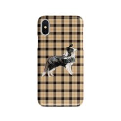 Border Collie Tartan phone case. 11 Tartan styles for your Iphone 15 Pro Max, Iphone 14, 13, 12 to 6 & Samsung Galaxy S23 Ultra, S22, S21 to S6 19 adventure dogs tartan case border collie brown tartan front view
