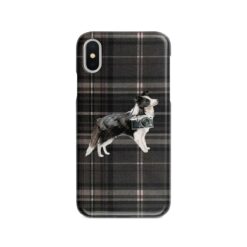 Border Collie Tartan phone case. 11 Tartan styles for your Iphone 15 Pro Max, Iphone 14, 13, 12 to 6 & Samsung Galaxy S23 Ultra, S22, S21 to S6 20 adventure dogs tartan case border collie dark tartan front view