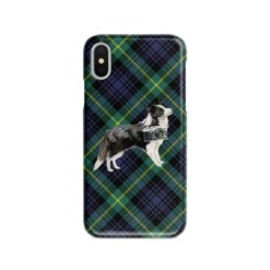 Border Collie Tartan phone case. 11 Tartan styles for your Iphone 15 Pro Max, Iphone 14, 13, 12 to 6 & Samsung Galaxy S23 Ultra, S22, S21 to S6 21 adventure dogs tartan case border collie gordon front view