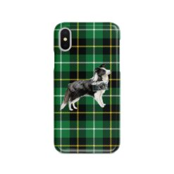 Border Collie Tartan phone case. 11 Tartan styles for your Iphone 15 Pro Max, Iphone 14, 13, 12 to 6 & Samsung Galaxy S23 Ultra, S22, S21 to S6 22 adventure dogs tartan case border collie green tartan front view