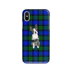 Boston Terrier Tartan phone case. 11 Tartan styles for your Iphone 15 Pro Max, Iphone 14, 13, 12 to 6 & Samsung Galaxy S23 Ultra, S22, S21 to S6 17 adventure dogs tartan case boston terrier black watch front view