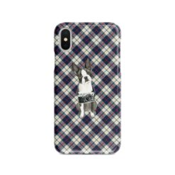Boston Terrier Tartan phone case. 11 Tartan styles for your Iphone 15 Pro Max, Iphone 14, 13, 12 to 6 & Samsung Galaxy S23 Ultra, S22, S21 to S6 18 adventure dogs tartan case boston terrier blue beige front view