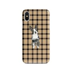 Boston Terrier Tartan phone case. 11 Tartan styles for your Iphone 15 Pro Max, Iphone 14, 13, 12 to 6 & Samsung Galaxy S23 Ultra, S22, S21 to S6 19 adventure dogs tartan case boston terrier brown tartan front view