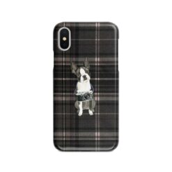 Boston Terrier Tartan phone case. 11 Tartan styles for your Iphone 15 Pro Max, Iphone 14, 13, 12 to 6 & Samsung Galaxy S23 Ultra, S22, S21 to S6 20 adventure dogs tartan case boston terrier dark tartan front view