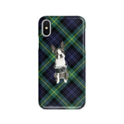 Boston Terrier Tartan phone case. 11 Tartan styles for your Iphone 15 Pro Max, Iphone 14, 13, 12 to 6 & Samsung Galaxy S23 Ultra, S22, S21 to S6 21 adventure dogs tartan case boston terrier gordon front view