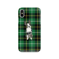 Boston Terrier Tartan phone case. 11 Tartan styles for your Iphone 15 Pro Max, Iphone 14, 13, 12 to 6 & Samsung Galaxy S23 Ultra, S22, S21 to S6 22 adventure dogs tartan case boston terrier green tartan front view