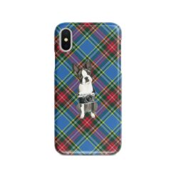 Boston Terrier Tartan phone case. 11 Tartan styles for your Iphone 15 Pro Max, Iphone 14, 13, 12 to 6 & Samsung Galaxy S23 Ultra, S22, S21 to S6 23 adventure dogs tartan case boston terrier macbeth front view