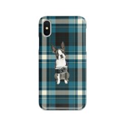 Boston Terrier Tartan phone case. 11 Tartan styles for your Iphone 15 Pro Max, Iphone 14, 13, 12 to 6 & Samsung Galaxy S23 Ultra, S22, S21 to S6 24 adventure dogs tartan case boston terrier modern front view