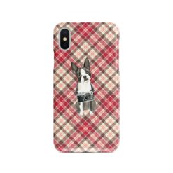 Boston Terrier Tartan phone case. 11 Tartan styles for your Iphone 15 Pro Max, Iphone 14, 13, 12 to 6 & Samsung Galaxy S23 Ultra, S22, S21 to S6 25 adventure dogs tartan case boston terrier pink front view