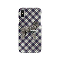 Bouvier des Flandres Tartan phone case. 11 Tartan styles for your Iphone 15 Pro Max, Iphone 14, 13, 12 to 6 & Samsung Galaxy S23 Ultra, S22, S21 to S6 18 adventure dogs tartan case bouvier des flandres blue beige front view