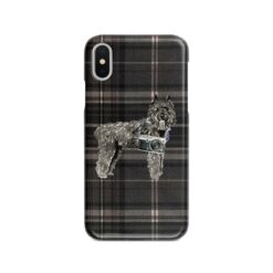 Bouvier des Flandres Tartan phone case. 11 Tartan styles for your Iphone 15 Pro Max, Iphone 14, 13, 12 to 6 & Samsung Galaxy S23 Ultra, S22, S21 to S6 20 adventure dogs tartan case bouvier des flandres dark tartan front view