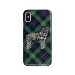 Bouvier des Flandres Tartan phone case. 11 Tartan styles for your Iphone 15 Pro Max, Iphone 14, 13, 12 to 6 & Samsung Galaxy S23 Ultra, S22, S21 to S6 21 adventure dogs tartan case bouvier des flandres gordon front view