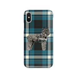 Bouvier des Flandres Tartan phone case. 11 Tartan styles for your Iphone 15 Pro Max, Iphone 14, 13, 12 to 6 & Samsung Galaxy S23 Ultra, S22, S21 to S6 24 adventure dogs tartan case bouvier des flandres modern front view