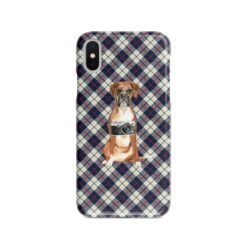 Boxer Tartan phone case. 11 Tartan styles for your Iphone 15 Pro Max, Iphone 14, 13, 12 to 6 & Samsung Galaxy S23 Ultra, S22, S21 to S6 18 adventure dogs tartan case boxer blue beige front view