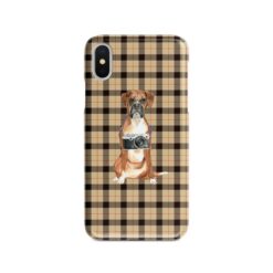 Boxer Tartan phone case. 11 Tartan styles for your Iphone 15 Pro Max, Iphone 14, 13, 12 to 6 & Samsung Galaxy S23 Ultra, S22, S21 to S6 19 adventure dogs tartan case boxer brown tartan front view