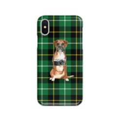 Boxer Tartan phone case. 11 Tartan styles for your Iphone 15 Pro Max, Iphone 14, 13, 12 to 6 & Samsung Galaxy S23 Ultra, S22, S21 to S6 22 adventure dogs tartan case boxer green tartan front view