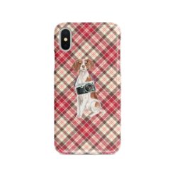 Brittany Tartan phone case. 11 Tartan styles for your Iphone 15 Pro Max, Iphone 14, 13, 12 to 6 & Samsung Galaxy S23 Ultra, S22, S21 to S6 25 adventure dogs tartan case brittany pink front view