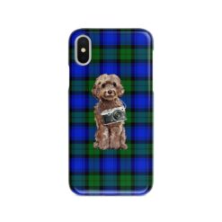 Brown Cockapoo Tartan phone case. 11 Tartan styles for your Iphone 15 Pro Max, Iphone 14, 13, 12 to 6 & Samsung Galaxy S23 Ultra, S22, S21 to S6 17 adventure dogs tartan case brown cockapoo black watch front view