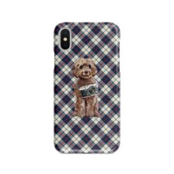 Brown Cockapoo Tartan phone case. 11 Tartan styles for your Iphone 15 Pro Max, Iphone 14, 13, 12 to 6 & Samsung Galaxy S23 Ultra, S22, S21 to S6 18 adventure dogs tartan case brown cockapoo blue beige front view