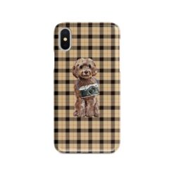 Brown Cockapoo Tartan phone case. 11 Tartan styles for your Iphone 15 Pro Max, Iphone 14, 13, 12 to 6 & Samsung Galaxy S23 Ultra, S22, S21 to S6 19 adventure dogs tartan case brown cockapoo brown tartan front view