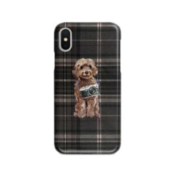 Brown Cockapoo Tartan phone case. 11 Tartan styles for your Iphone 15 Pro Max, Iphone 14, 13, 12 to 6 & Samsung Galaxy S23 Ultra, S22, S21 to S6 20 adventure dogs tartan case brown cockapoo dark tartan front view