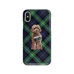 Brown Cockapoo Tartan phone case. 11 Tartan styles for your Iphone 15 Pro Max, Iphone 14, 13, 12 to 6 & Samsung Galaxy S23 Ultra, S22, S21 to S6 21 adventure dogs tartan case brown cockapoo gordon front view