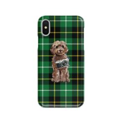 Brown Cockapoo Tartan phone case. 11 Tartan styles for your Iphone 15 Pro Max, Iphone 14, 13, 12 to 6 & Samsung Galaxy S23 Ultra, S22, S21 to S6 22 adventure dogs tartan case brown cockapoo green tartan front view