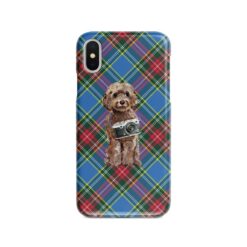 Brown Cockapoo Tartan phone case. 11 Tartan styles for your Iphone 15 Pro Max, Iphone 14, 13, 12 to 6 & Samsung Galaxy S23 Ultra, S22, S21 to S6 23 adventure dogs tartan case brown cockapoo macbeth front view